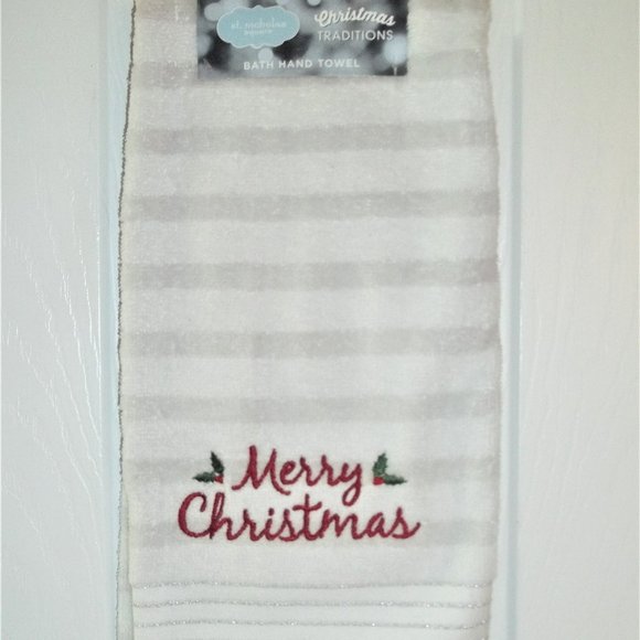 NEW St Nicholas Merry Christmas gray white hand towel - Picture 1 of 3